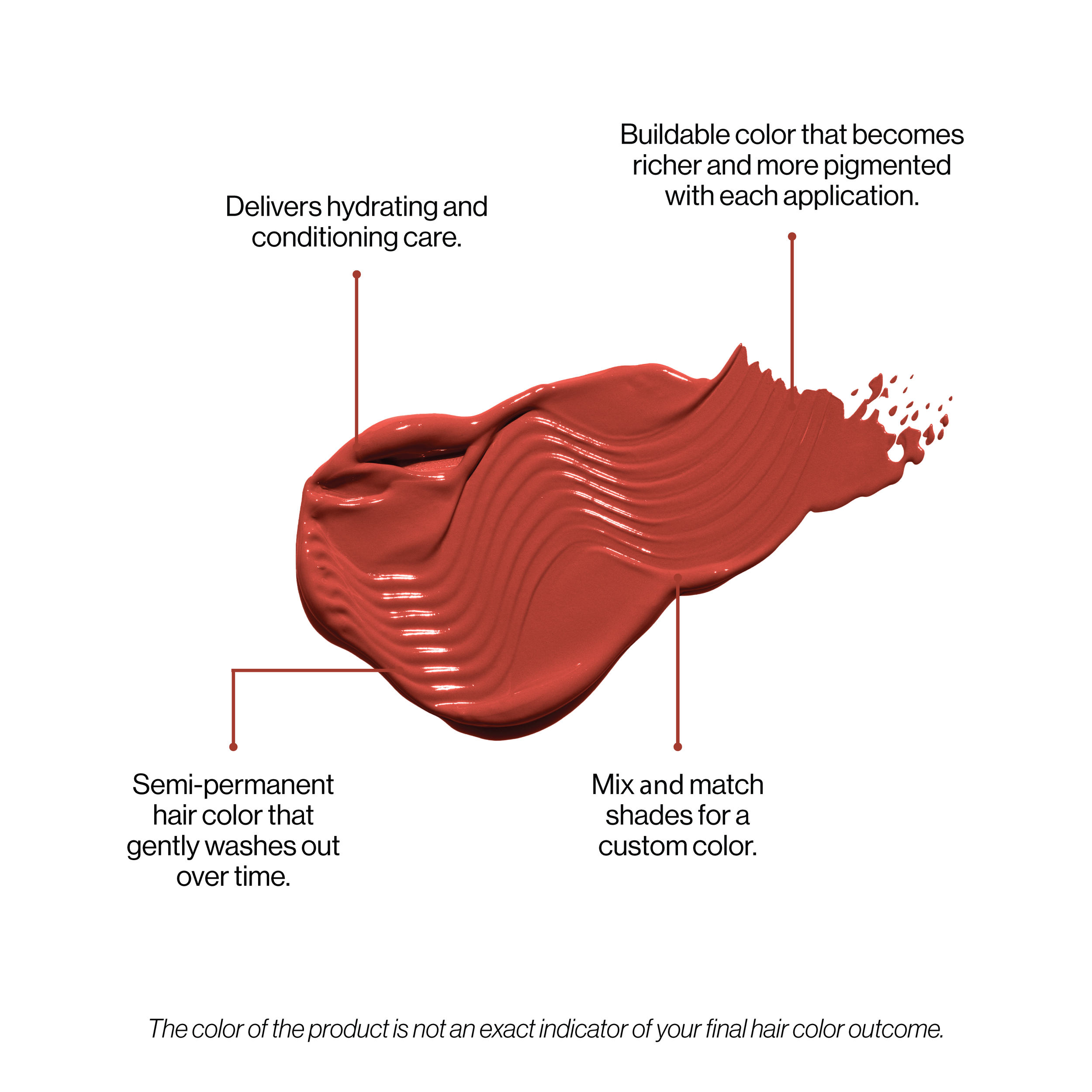 Red hair color swatch with text describing product features on a white background