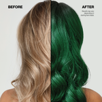 Before and after comparison of blonde hair dyed green on a neutral background.