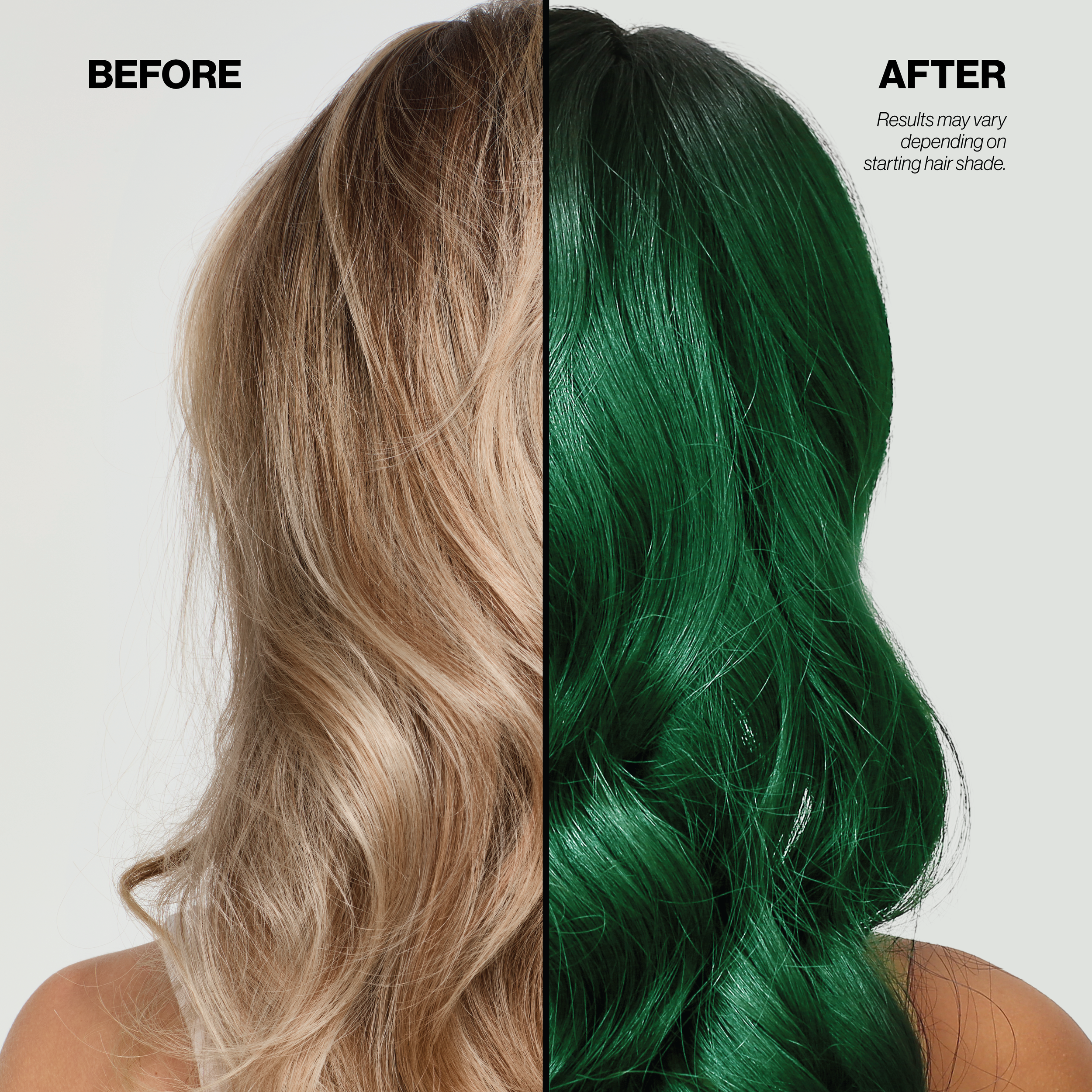 Before and after comparison of blonde hair dyed green on a neutral background.
