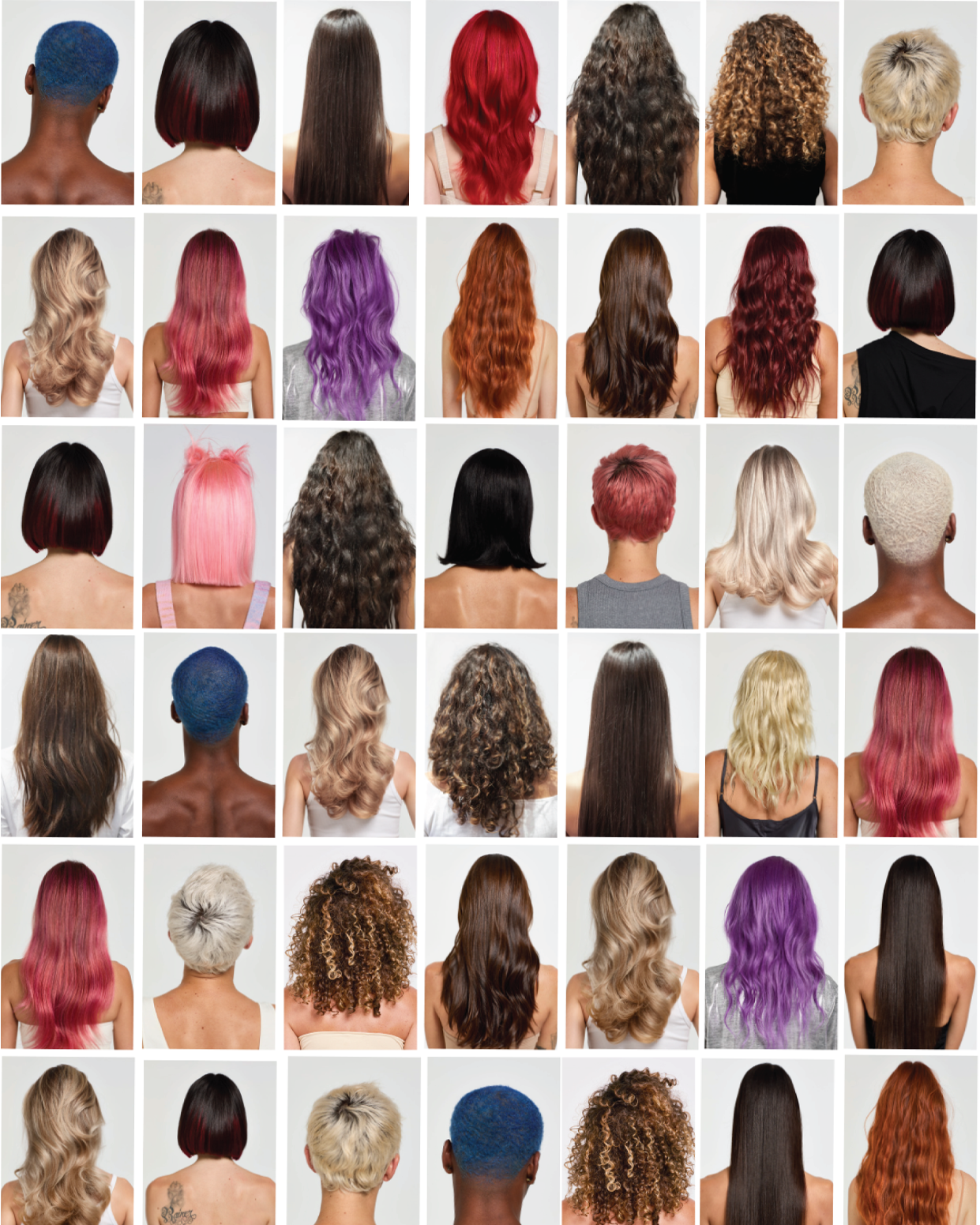 Grid of people with various hairstyles and hair colors on a white background