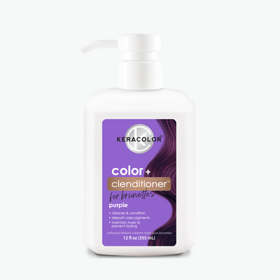 White bottle 12oz bottle with a purple label. Contains Keracolors color + clenditioner for Brunettes  purple hair color. 