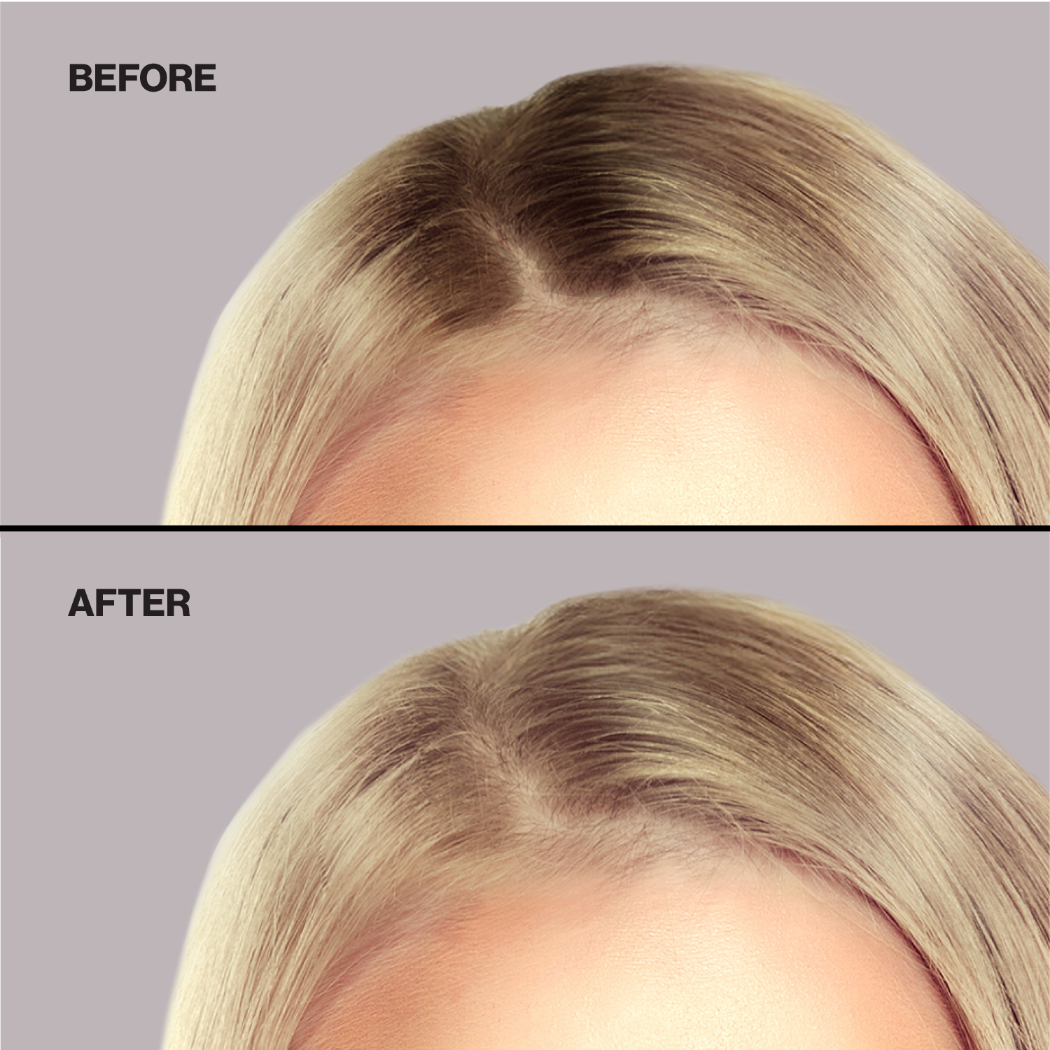 Before and after comparison of hair root touch up on a person with blonde hair.