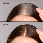 Before and after comparison of gray hair root touch up on a person's head.