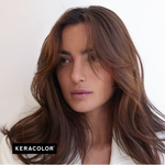 Woman with long, wavy hair on a white background with Keracolor logo.
