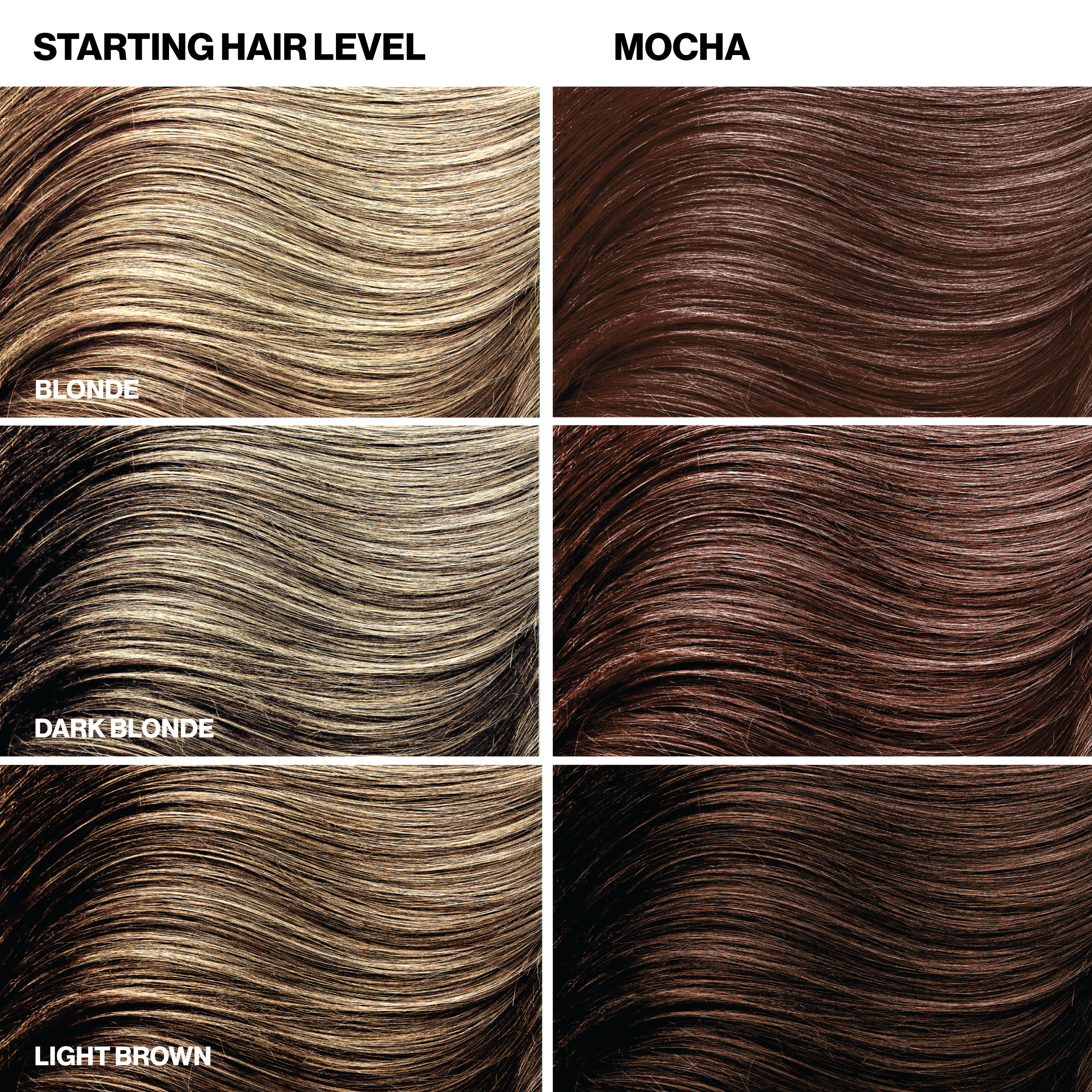 Hair color chart showing different shades from blonde to dark brown.