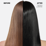 Before and after comparison of hair color transformation, with 'Before' on the left showing brown hair and 'After' on the right showing black hair.