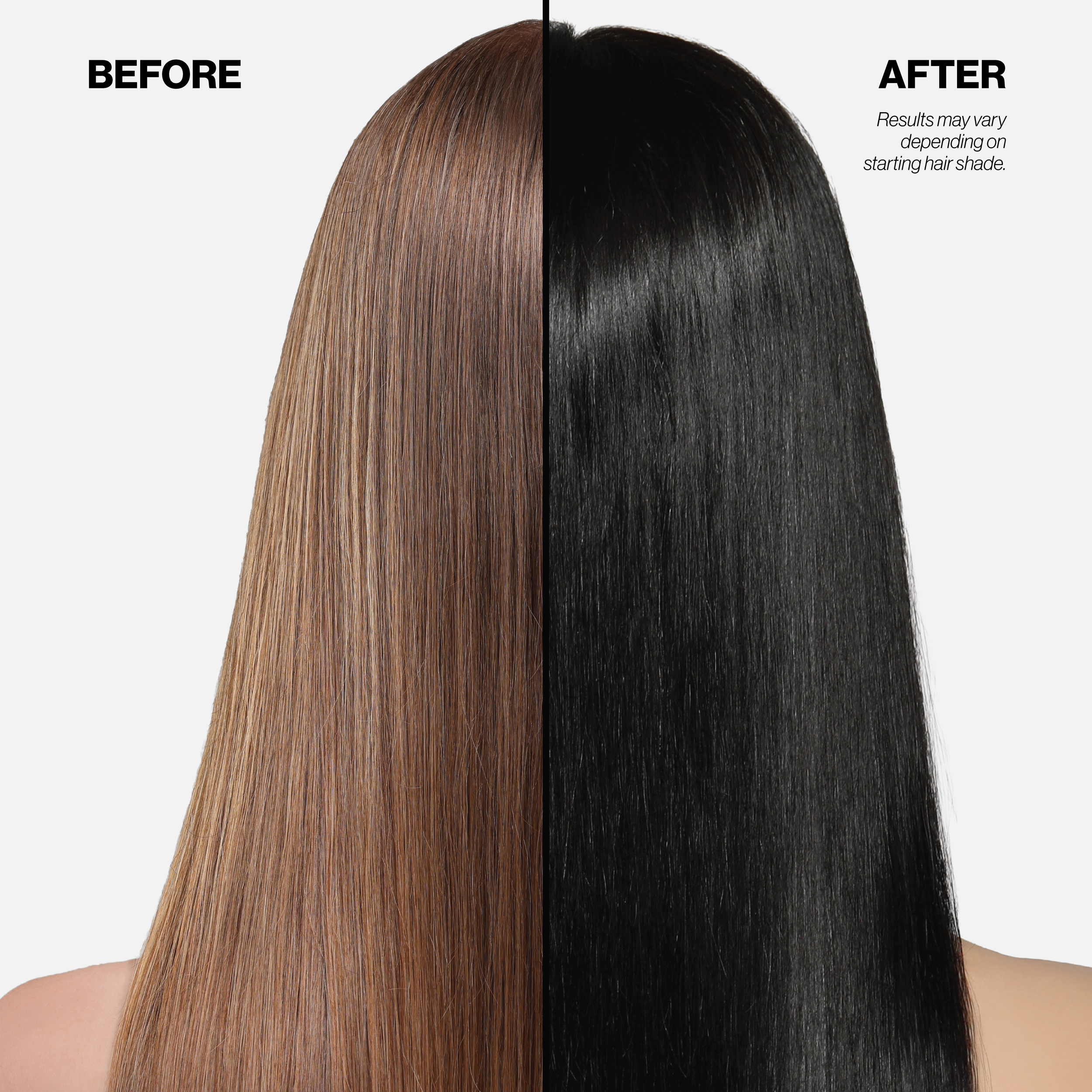 Before and after comparison of hair color transformation, with 'Before' on the left showing brown hair and 'After' on the right showing black hair.