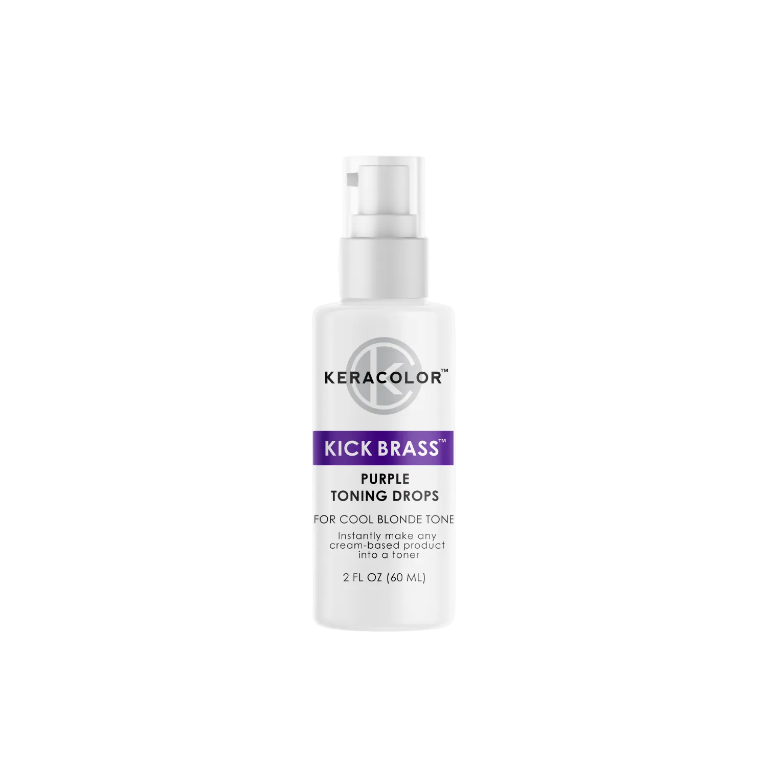 Image of the kick brass purple toning drops in a white spray bottle on a white background.