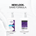 Two bottles of Keracolor purple color conditioner with text 'New Look. Same Formula.'