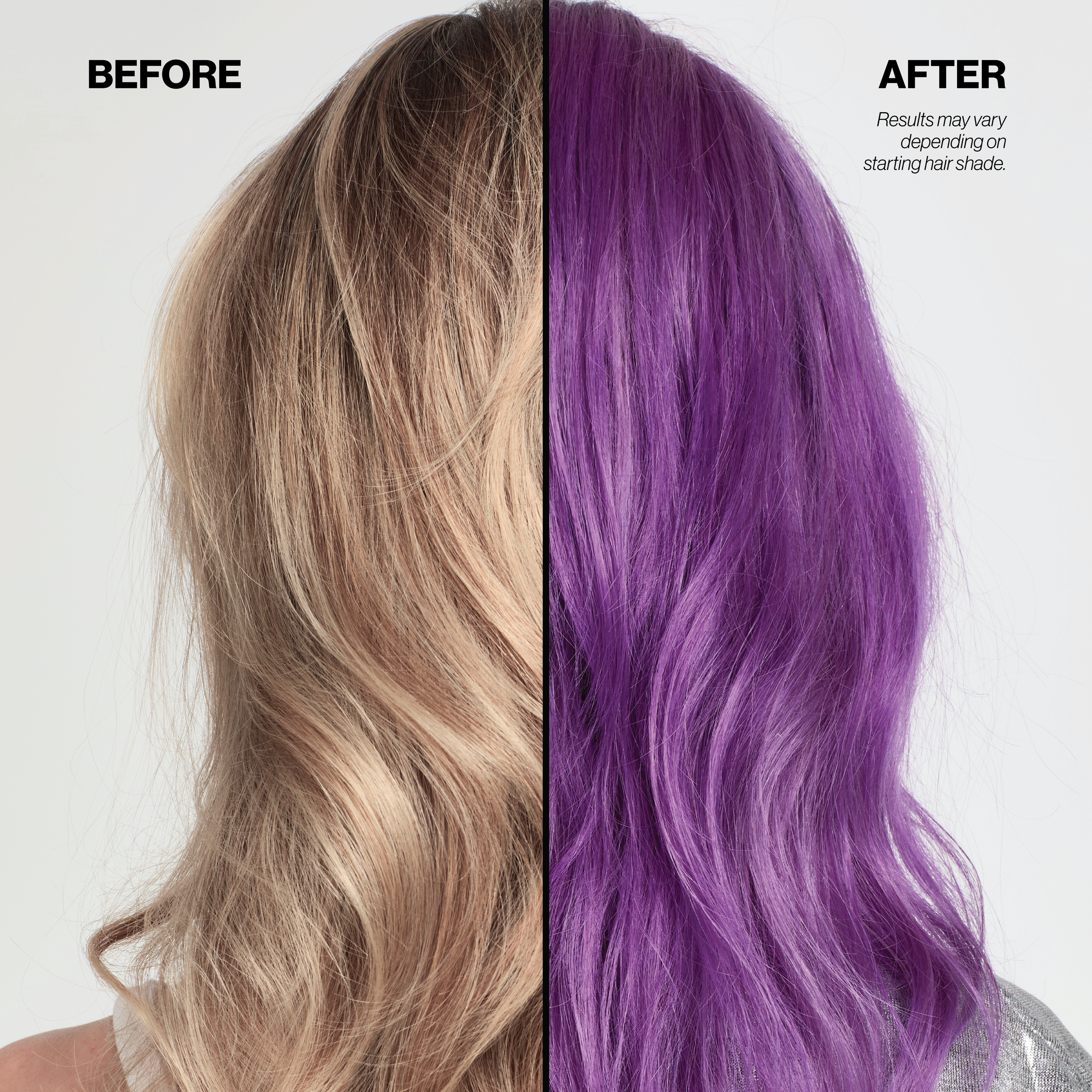 Before and after comparison of hair color change from blonde to purple.