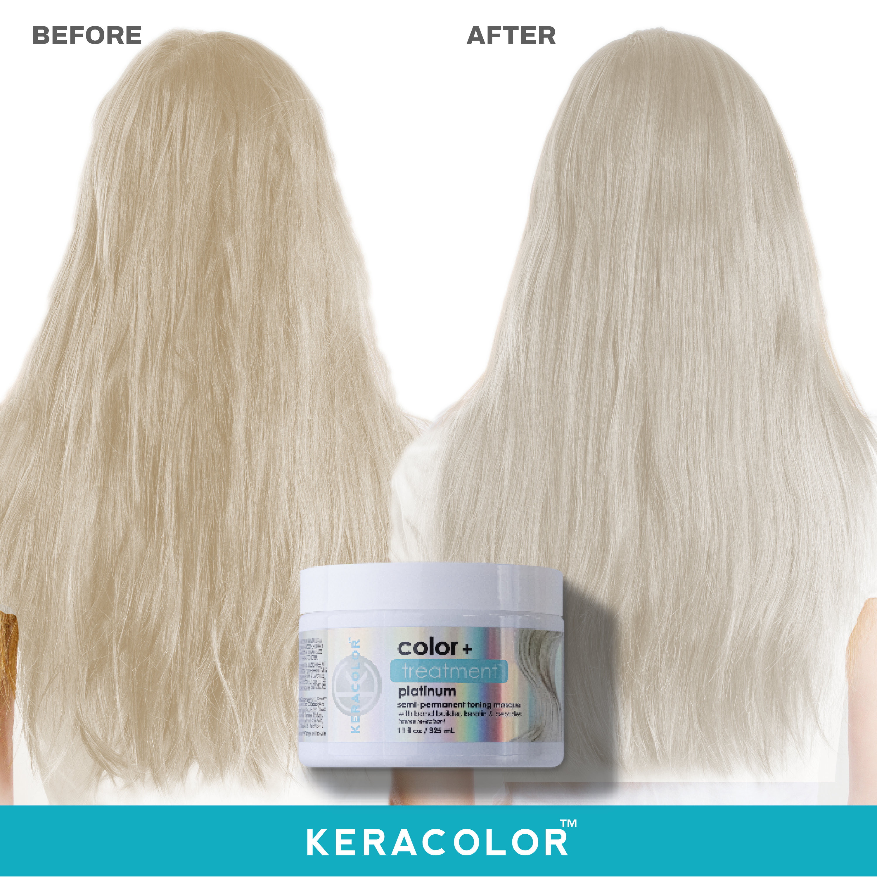 A before and after image of how toning + treatment will tone your hair and reduce frizziness.