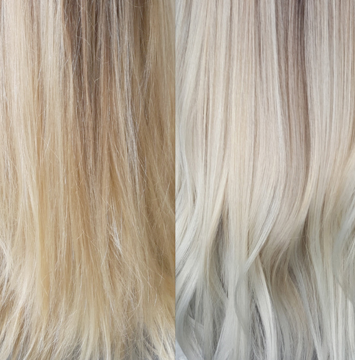 A before and after comparison of bleached hair that has been treated with purple tonight drops. 