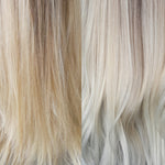 A before and after comparison of bleached hair that has been treated with purple tonight drops. 